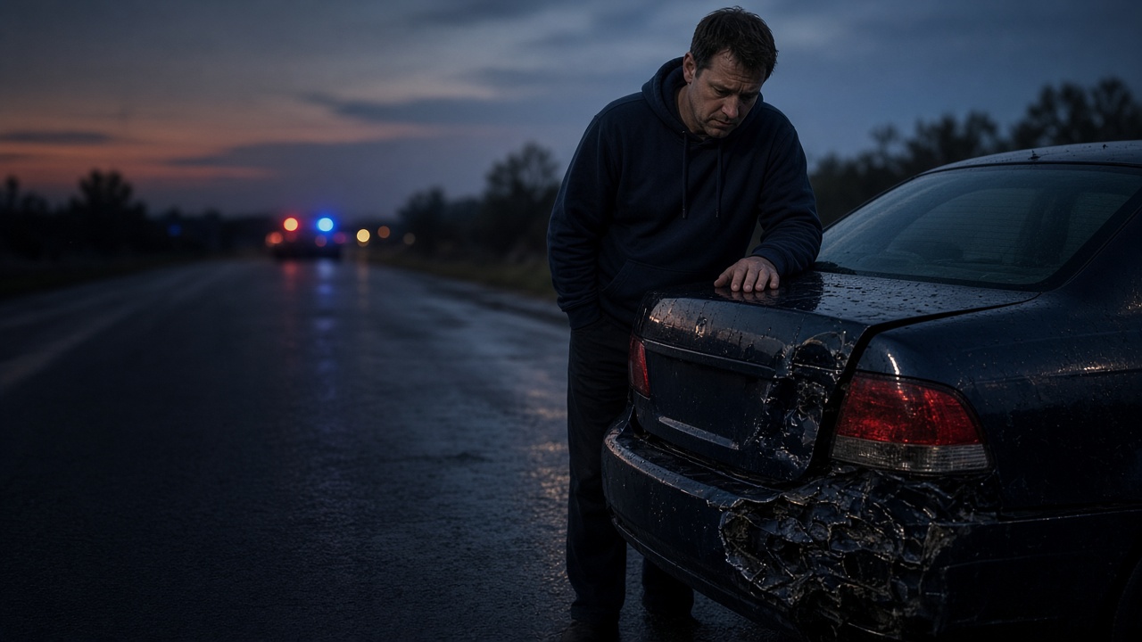 A driver standing beside his damaged car on the roadside after an accident